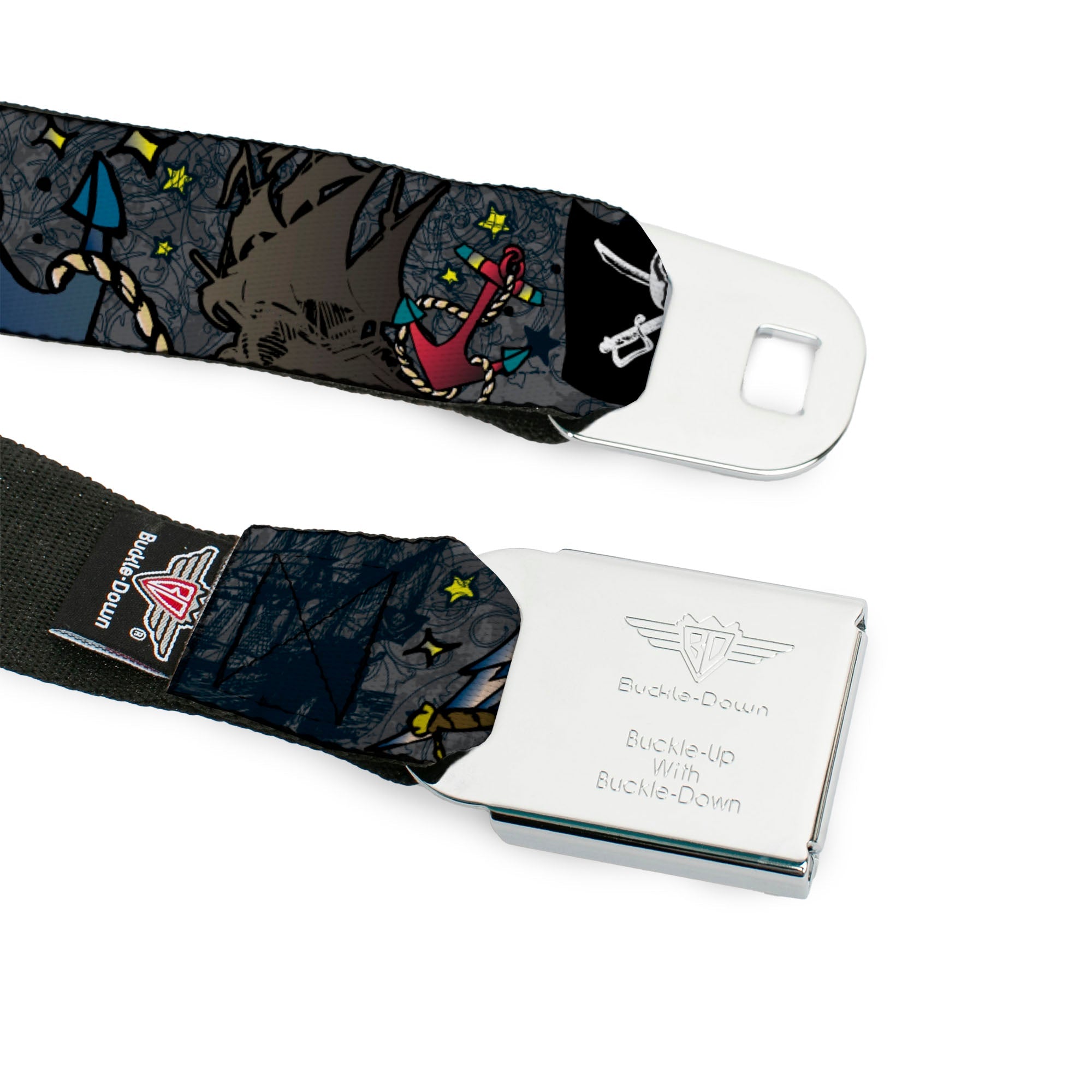 BD Wings Logo CLOSE-UP Full Color Black Silver Seatbelt Belt - Dead Men Tell No Tales Gray Webbing