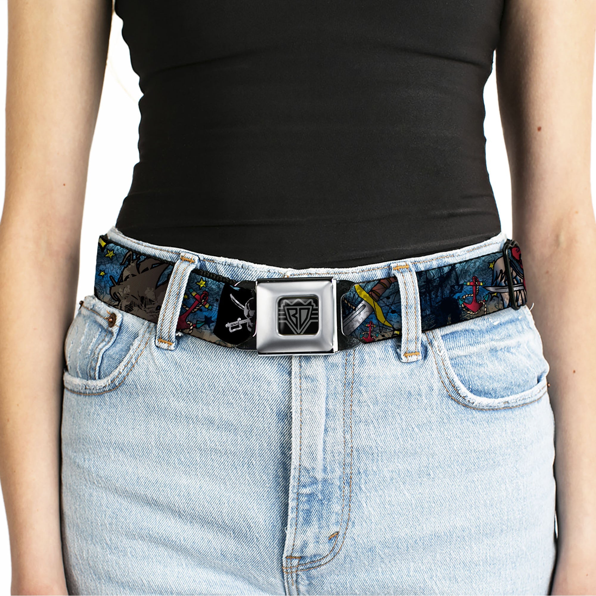 BD Wings Logo CLOSE-UP Full Color Black Silver Seatbelt Belt - Dead Men Tell No Tales CLOSE-UP Turquoise Webbing