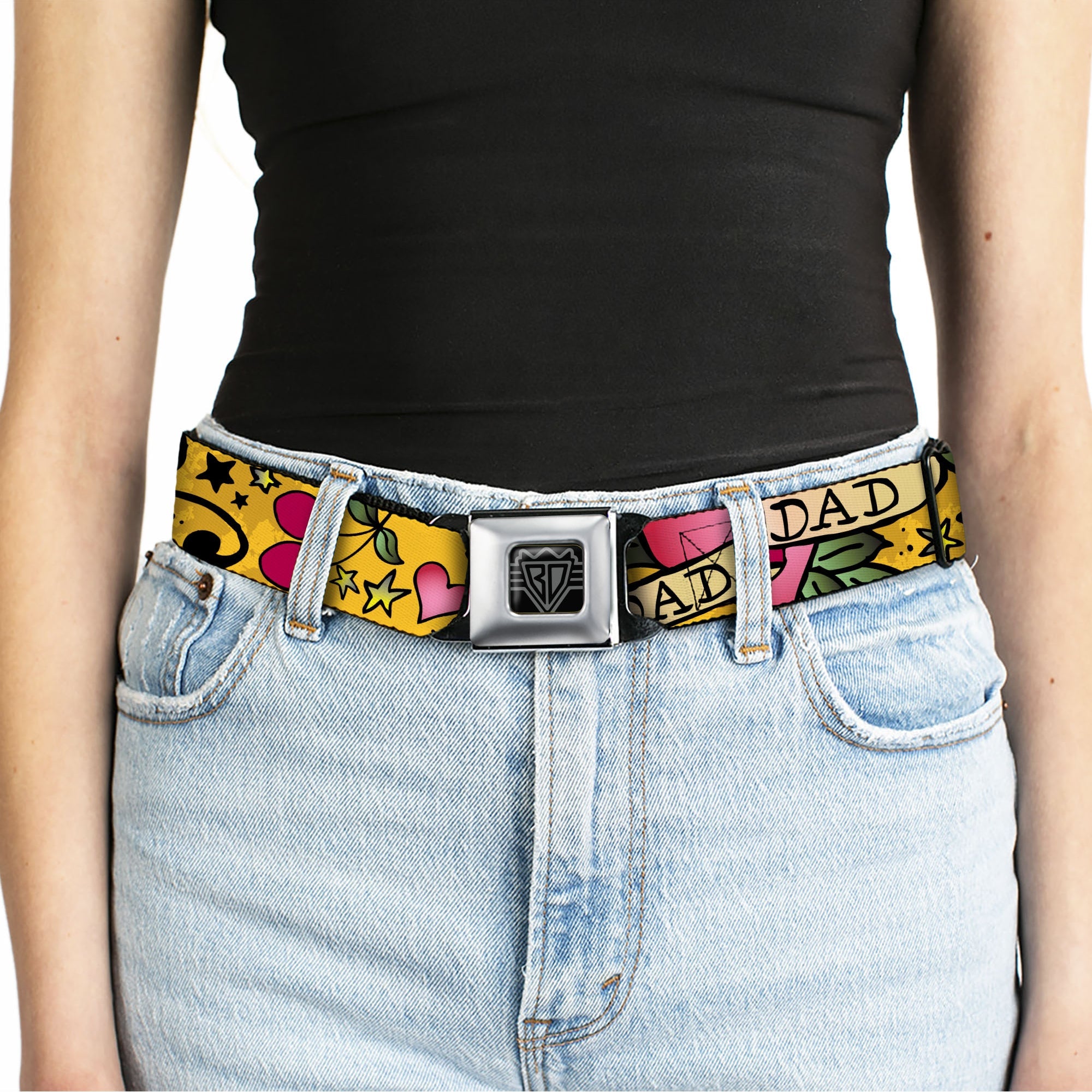 BD Wings Logo CLOSE-UP Full Color Black Silver Seatbelt Belt - Dad & Dad Yellow Webbing