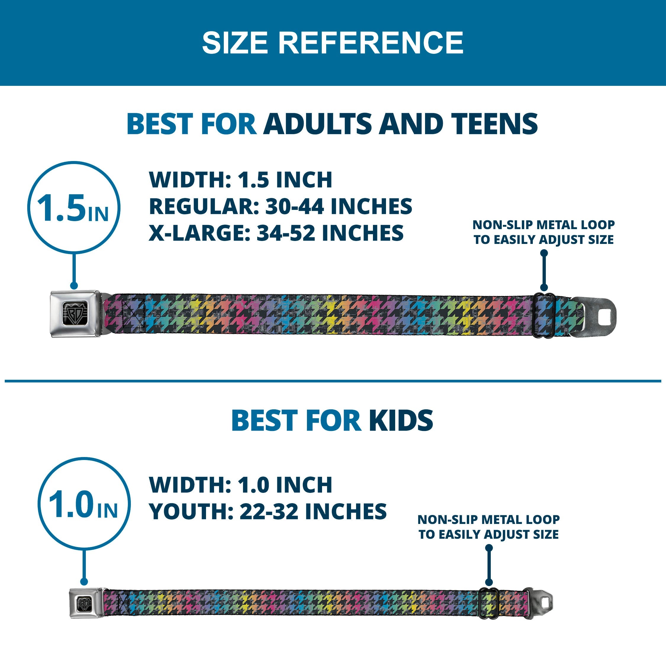 BD Wings Logo CLOSE-UP Full Color Black Silver Seatbelt Belt - Houndstooth Black/Rainbow Webbing