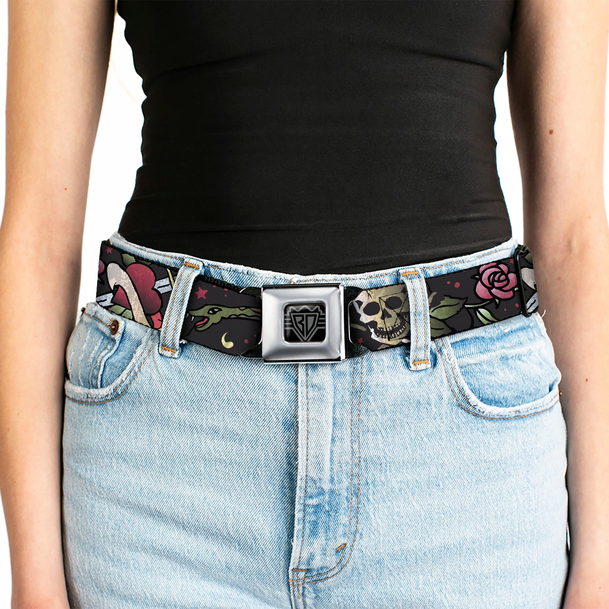 BD Wings Logo CLOSE-UP Full Color Black Silver Seatbelt Belt - Live Hard Die Young CLOSE-UP Black Webbing