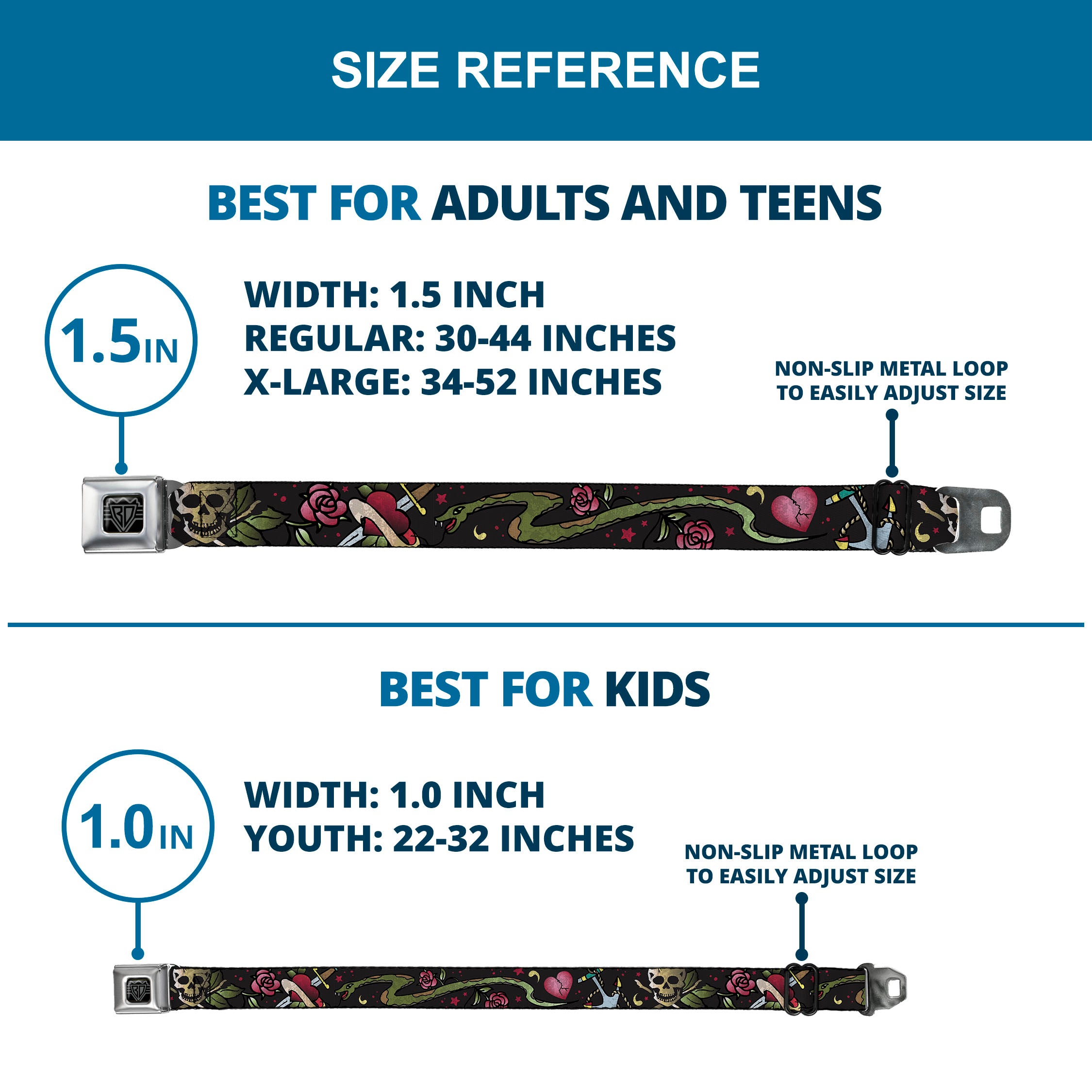 BD Wings Logo CLOSE-UP Full Color Black Silver Seatbelt Belt - Live Hard Die Young CLOSE-UP Black Webbing