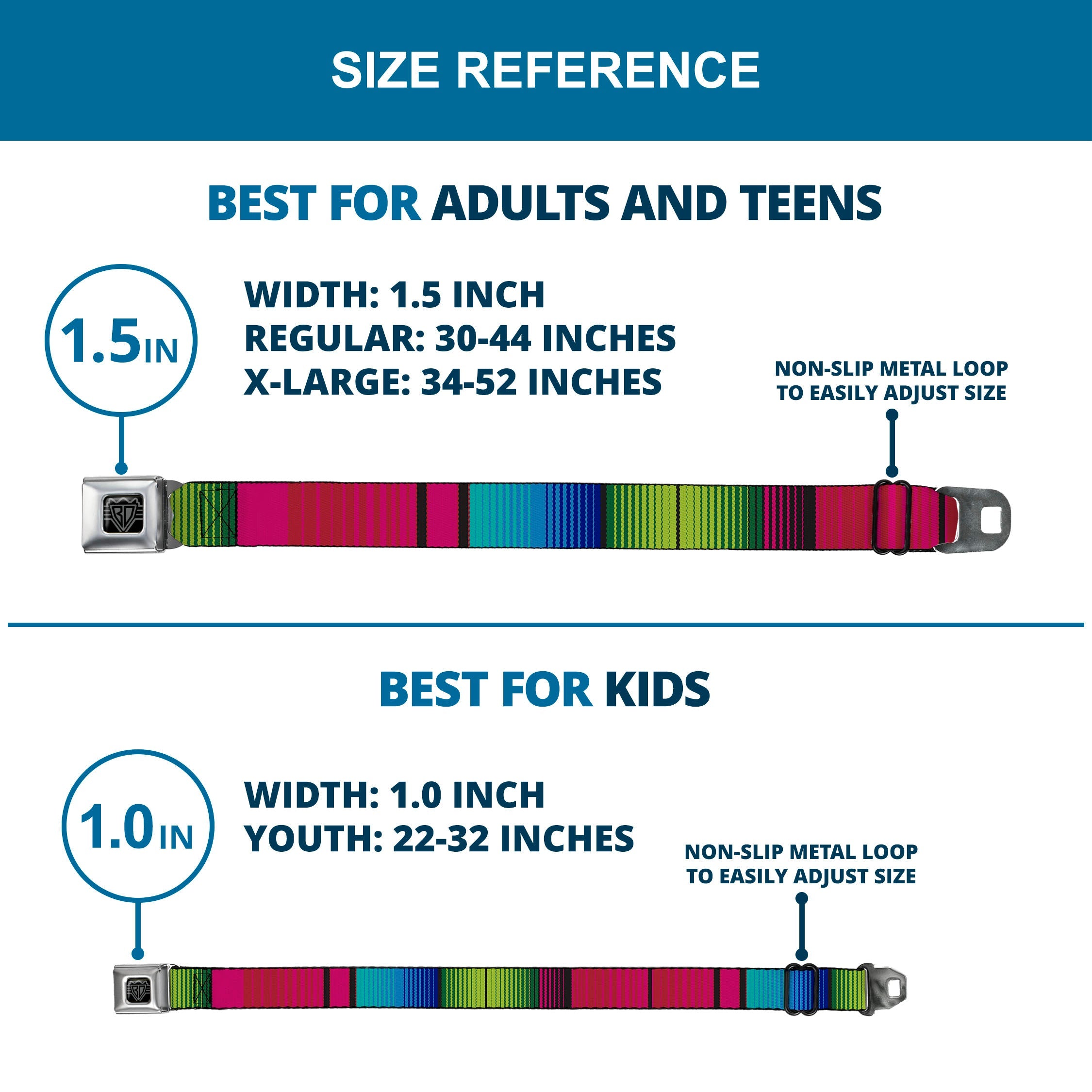 BD Wings Logo CLOSE-UP Full Color Black Silver Seatbelt Belt - Zarape7 Vertical Pinks/Blues/Greens/Black Webbing