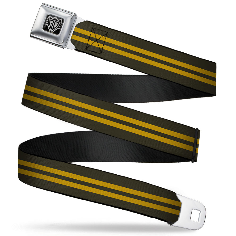 BD Wings Logo CLOSE-UP Full Color Black Silver Seatbelt Belt - Stripe Black/Gold Webbing
