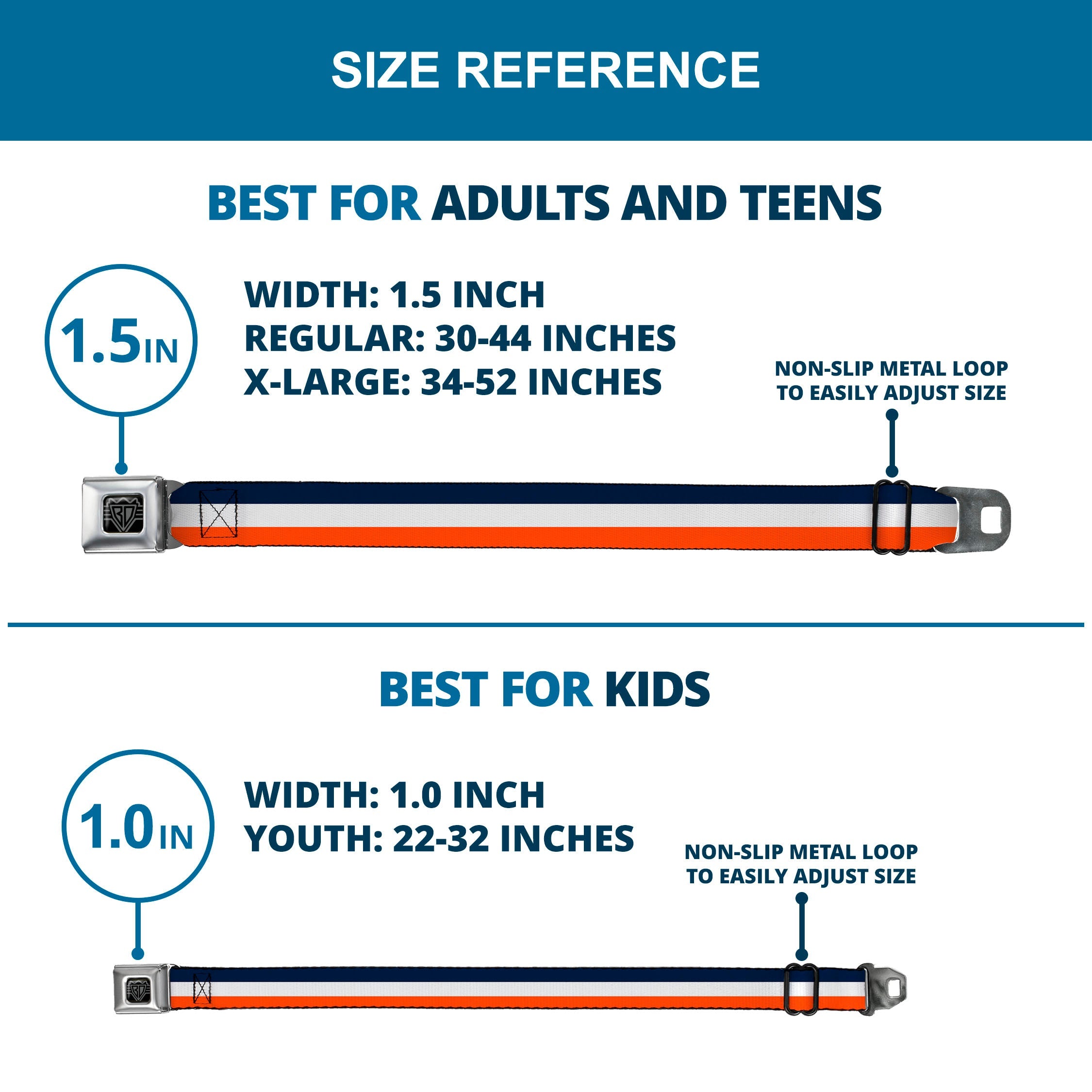 BD Wings Logo CLOSE-UP Full Color Black Silver Seatbelt Belt - Stripe Navy/White/Orange Webbing