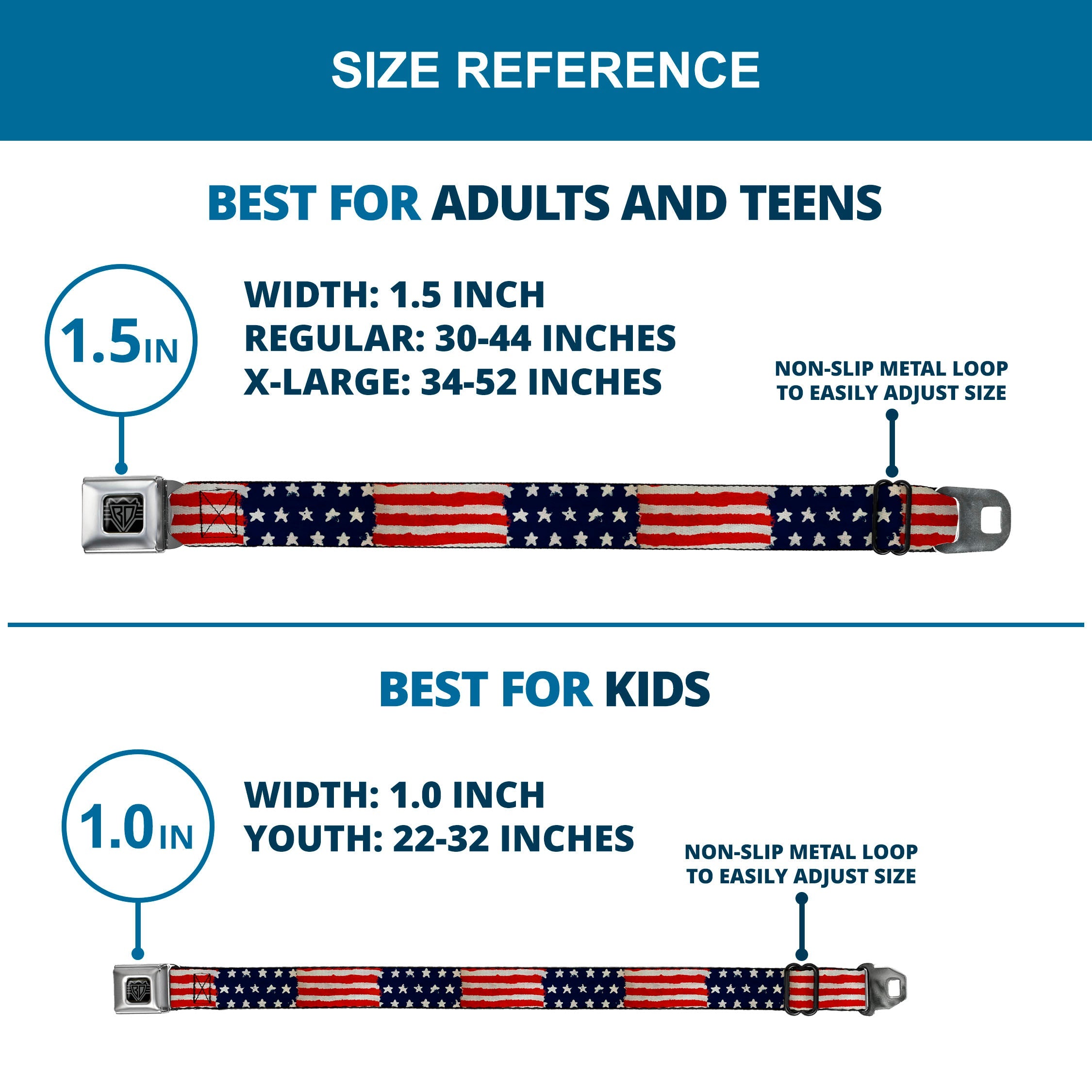 BD Wings Logo CLOSE-UP Full Color Black Silver Seatbelt Belt - Stars & Stripes Painting Webbing