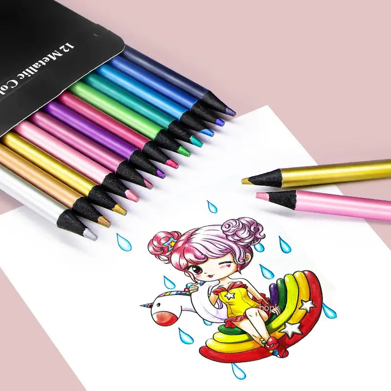 12 Colors Metallic Colored Pencils Art Supplies Set