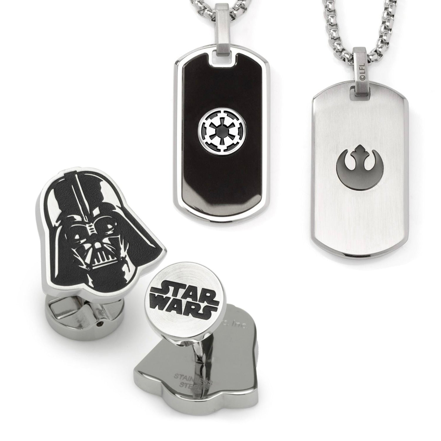 Star Wars Darth Vader Stainless Steel Printed Cufflinks with Empire and Rebel Crest Dog Tags Gift Set