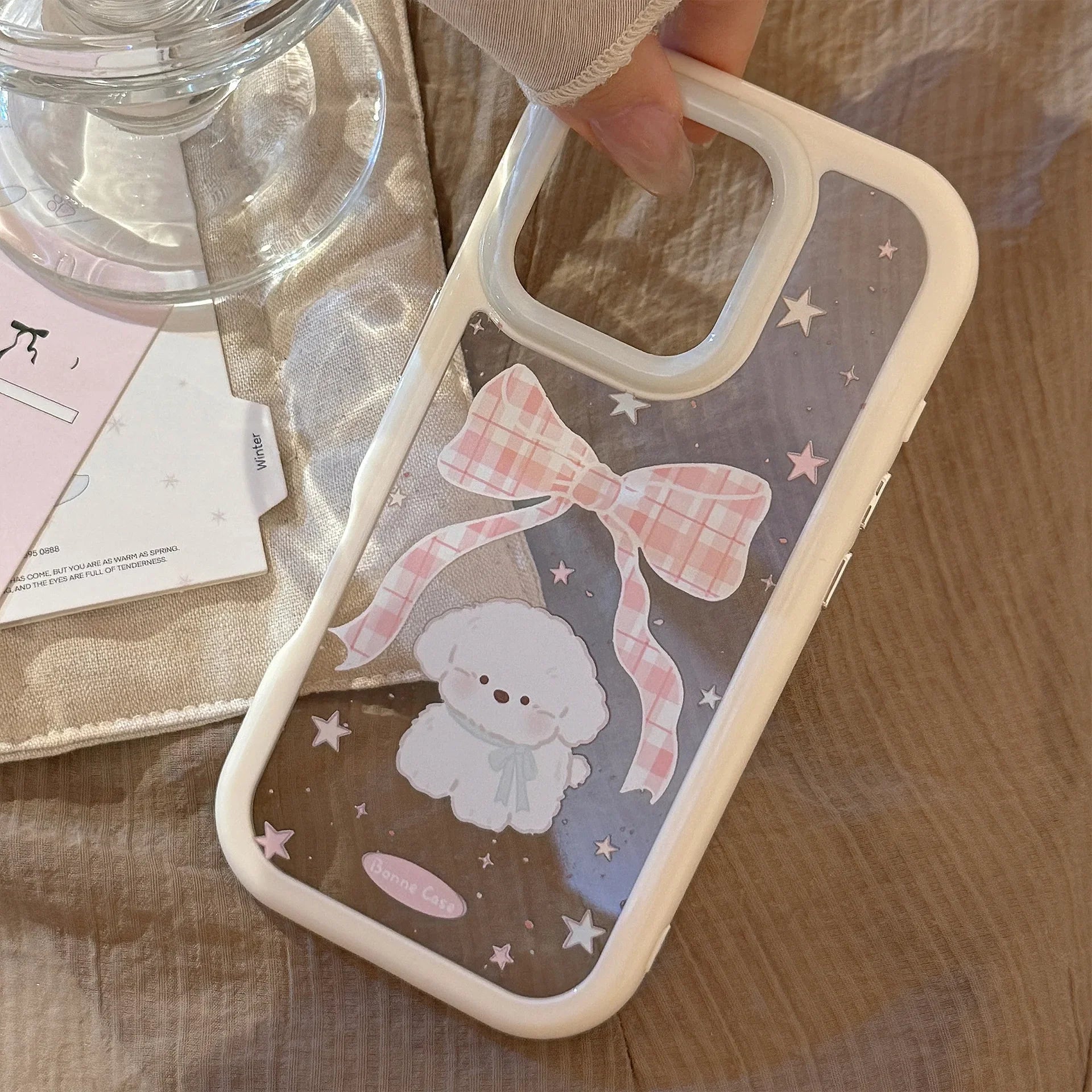 Korean Cartoon Plaid Bowknot Puppy Phone Case For iPhone