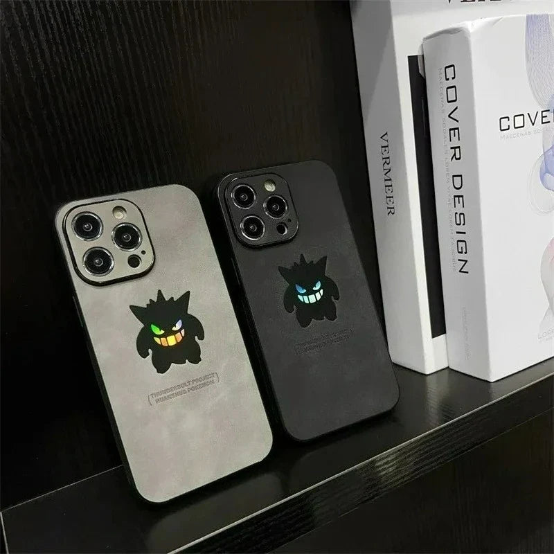 Cartoon Anime Gengar Leather Texture Laser Phone Case For iPhone