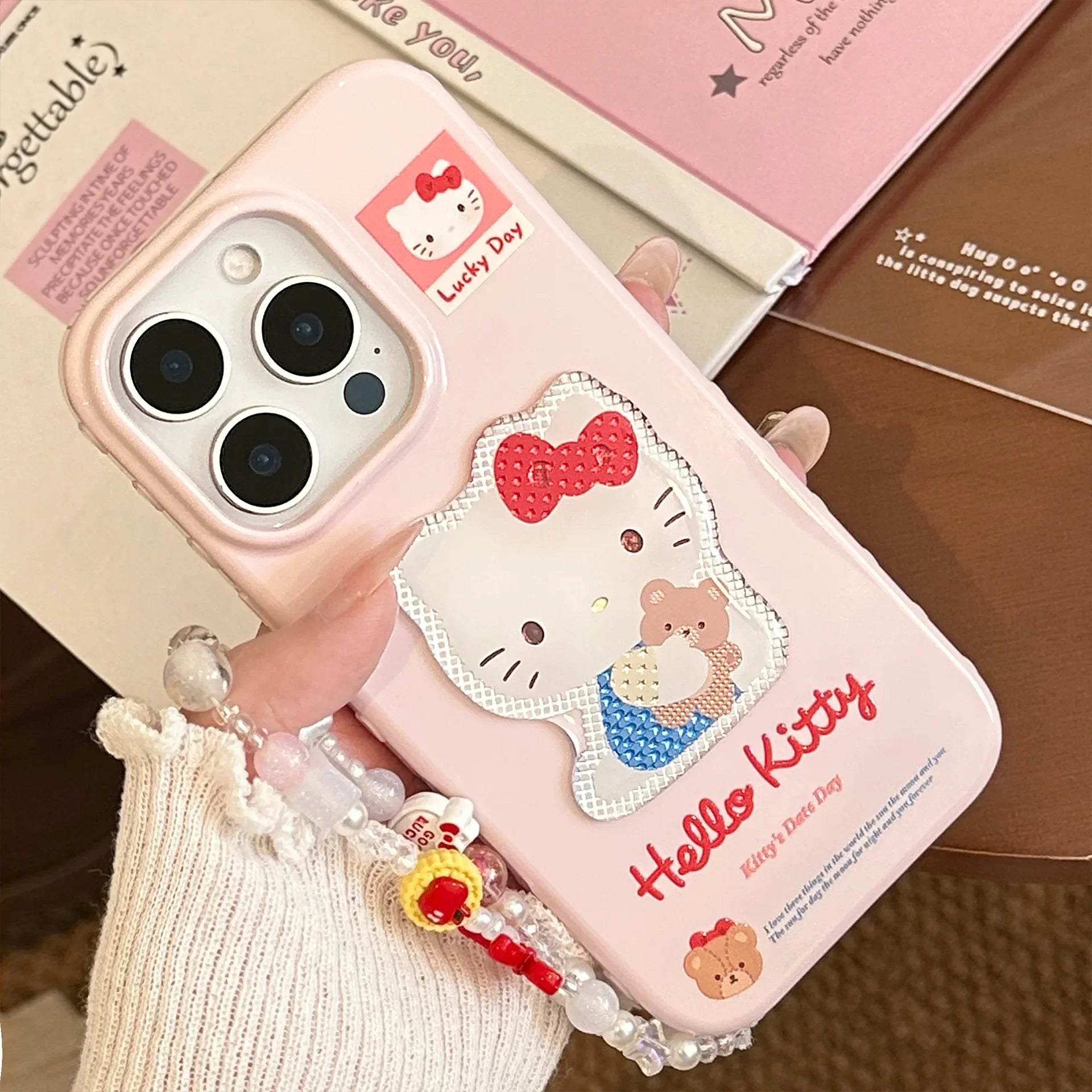 Korean 3D Cartoon Hello Kitty With Wrist Chain Soft Phone Case For iPhone