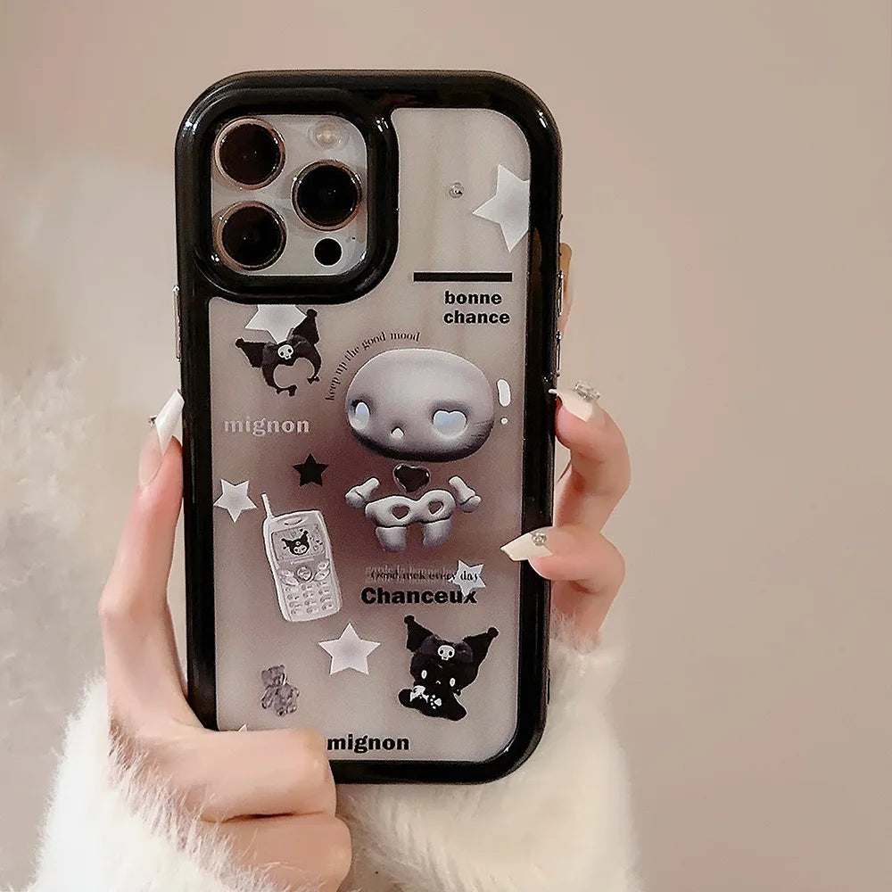 Cute Cartoon Kuromi Quicksand Bracket Phone Case With Lanyard For iPhone