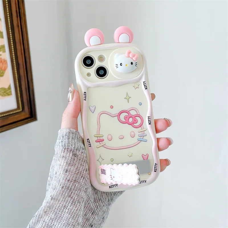 Ins Cute Cartoon 3D Ears Hello Kitty Wavy Sliding Camera Bracket Phone Case For iPhone