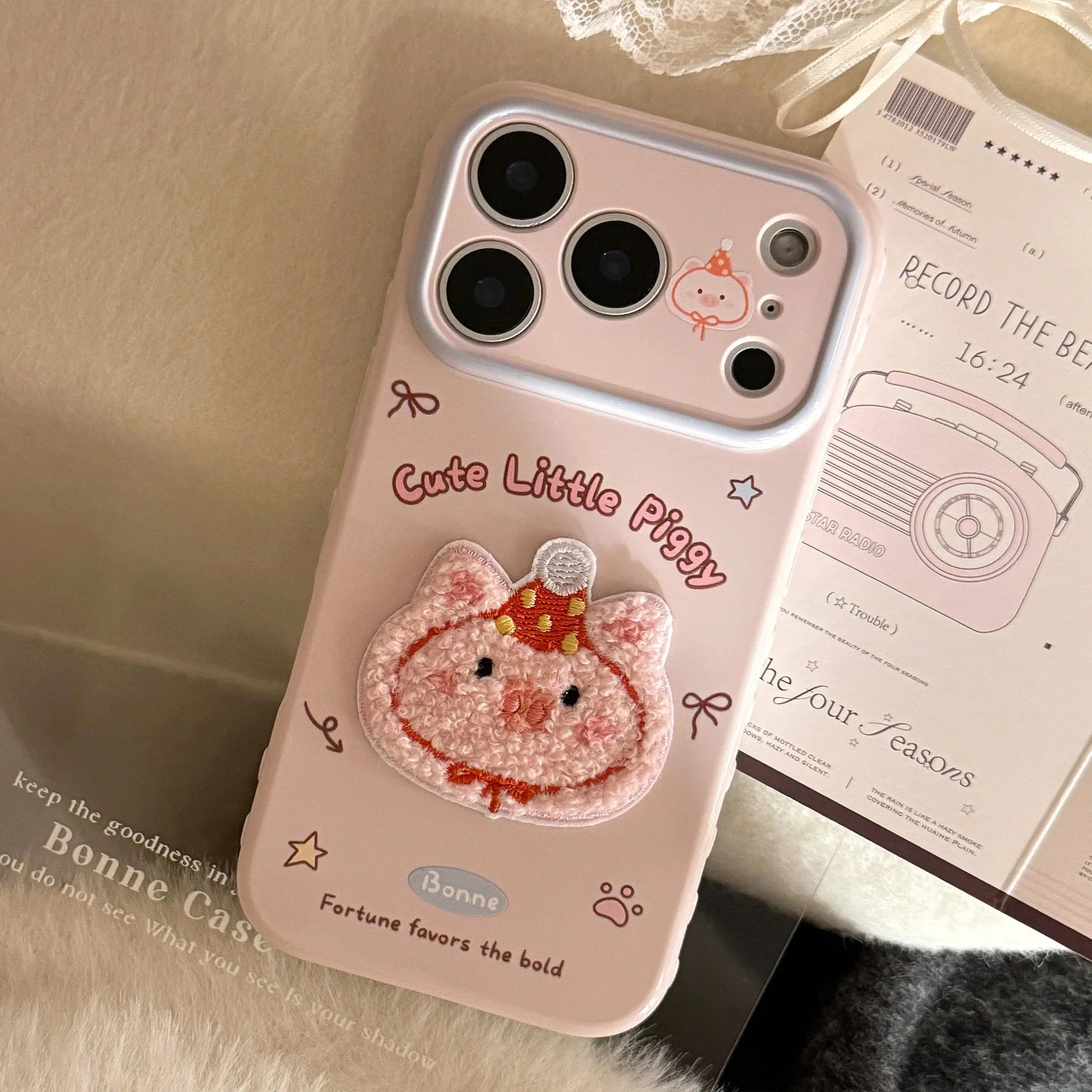 Korean Cartoon Embroidery Cat Pig Animals Plush Couple Phone Case For iPhone