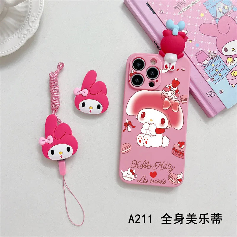 3D Cute Cartoon Melody Phone Case With Bracket Lanyard For iPhone