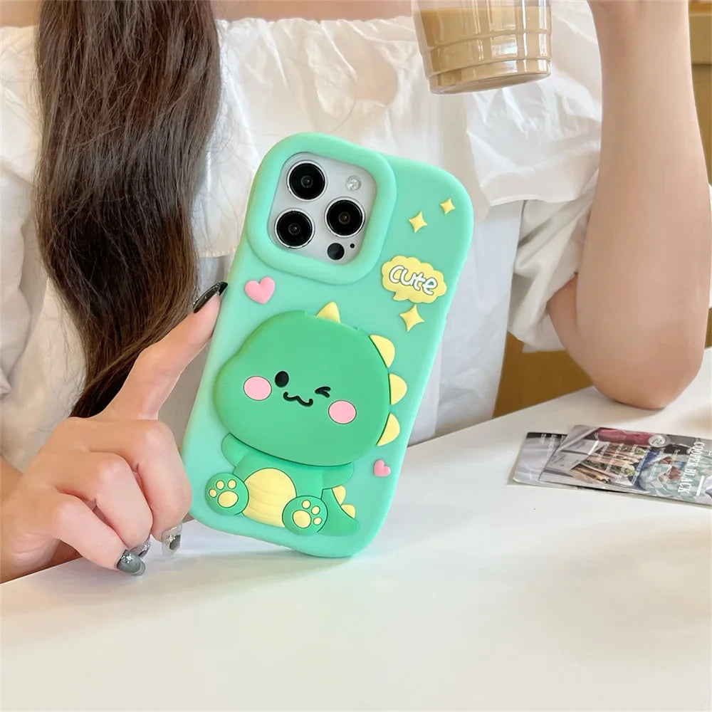 Cute Dinosaur Case Soft Silicone Cover With Holder&Mirror For iPhone