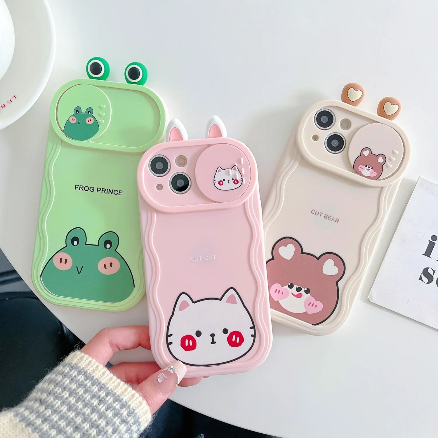 Cute Eyes Frog Cat Bear Cartoon Sliding Camera Wave Soft Phone Case