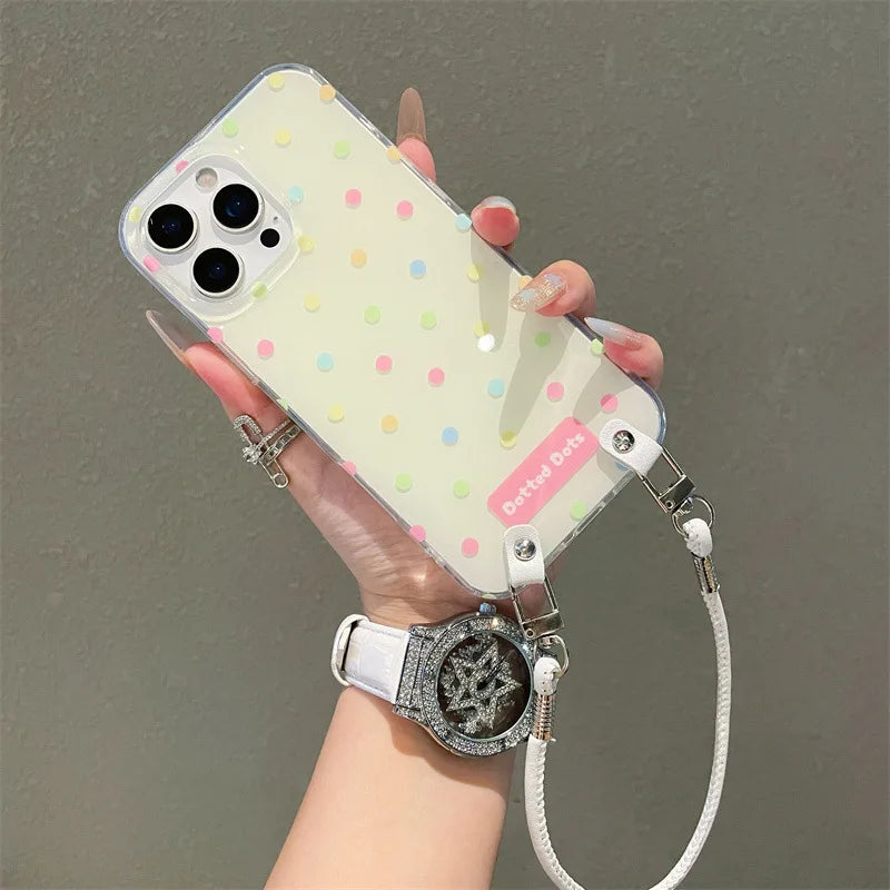 Fashion Colorful Polka Dot Phone Case With Wrist Strap For iPhone