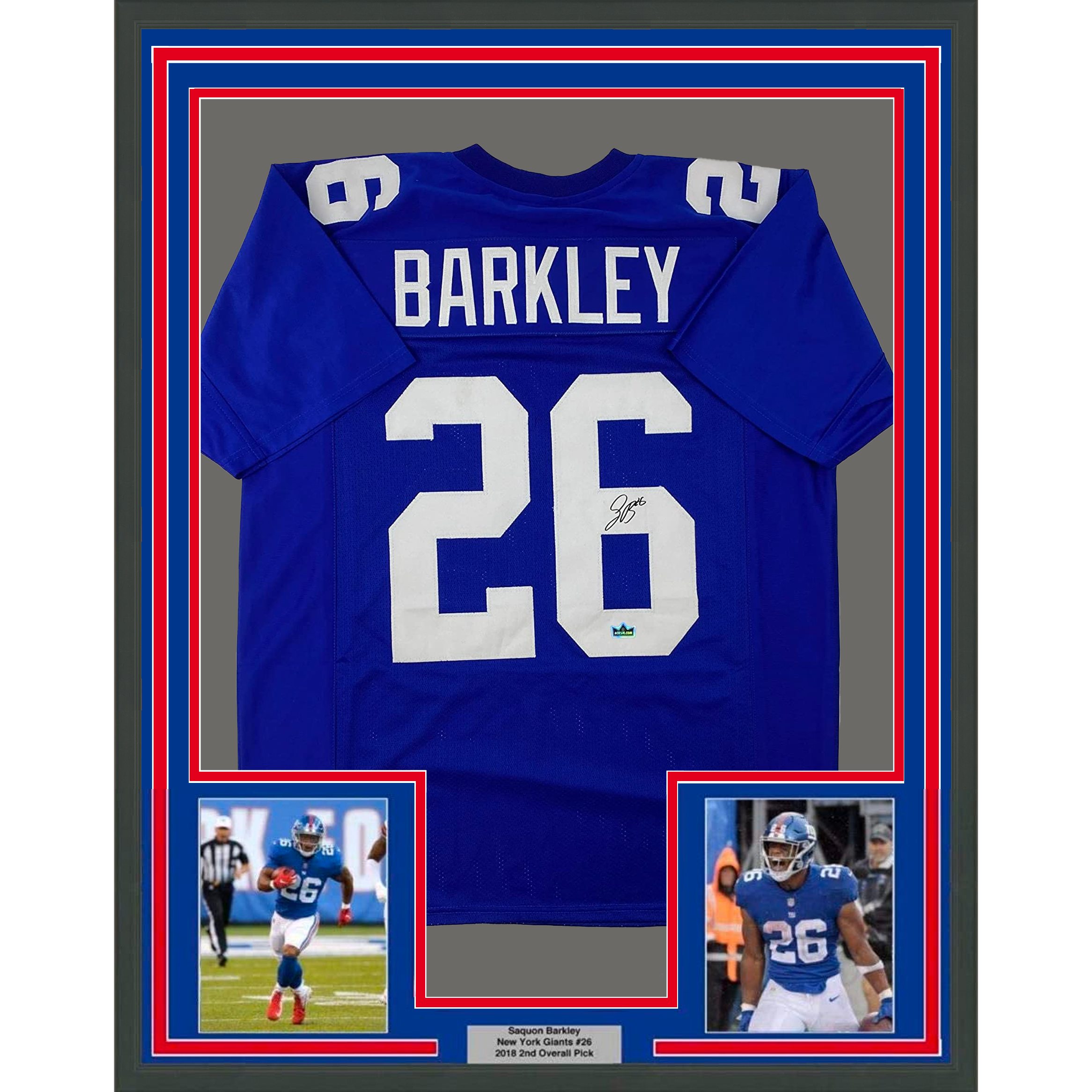 Framed Facsimile Autographed Saquon Barkley 35x39 New York Blue Reprint Laser Auto Football Jersey