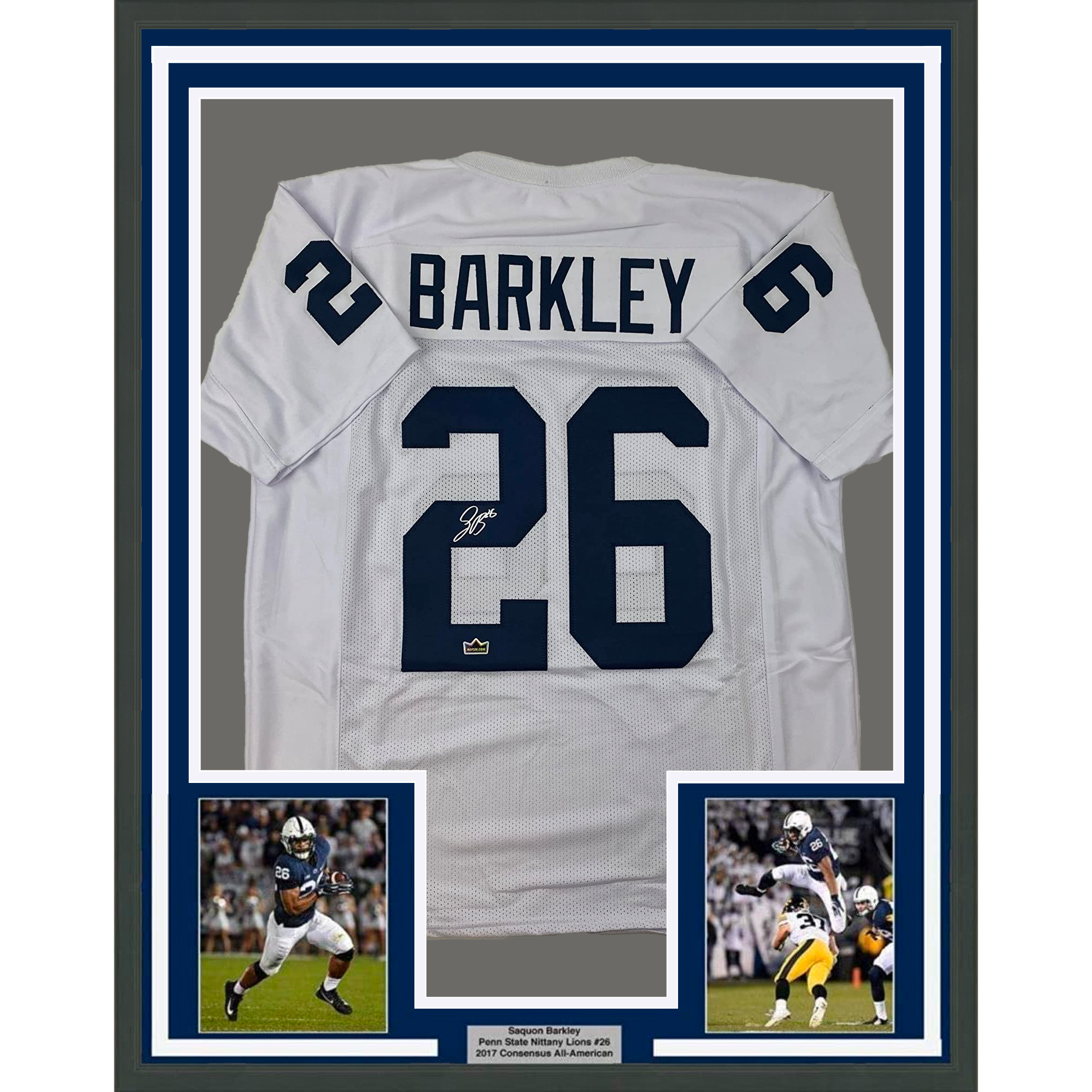 Framed Facsimile Autographed Saquon Barkley 35x39 Penn State White Reprint Laser Auto College Football Jersey