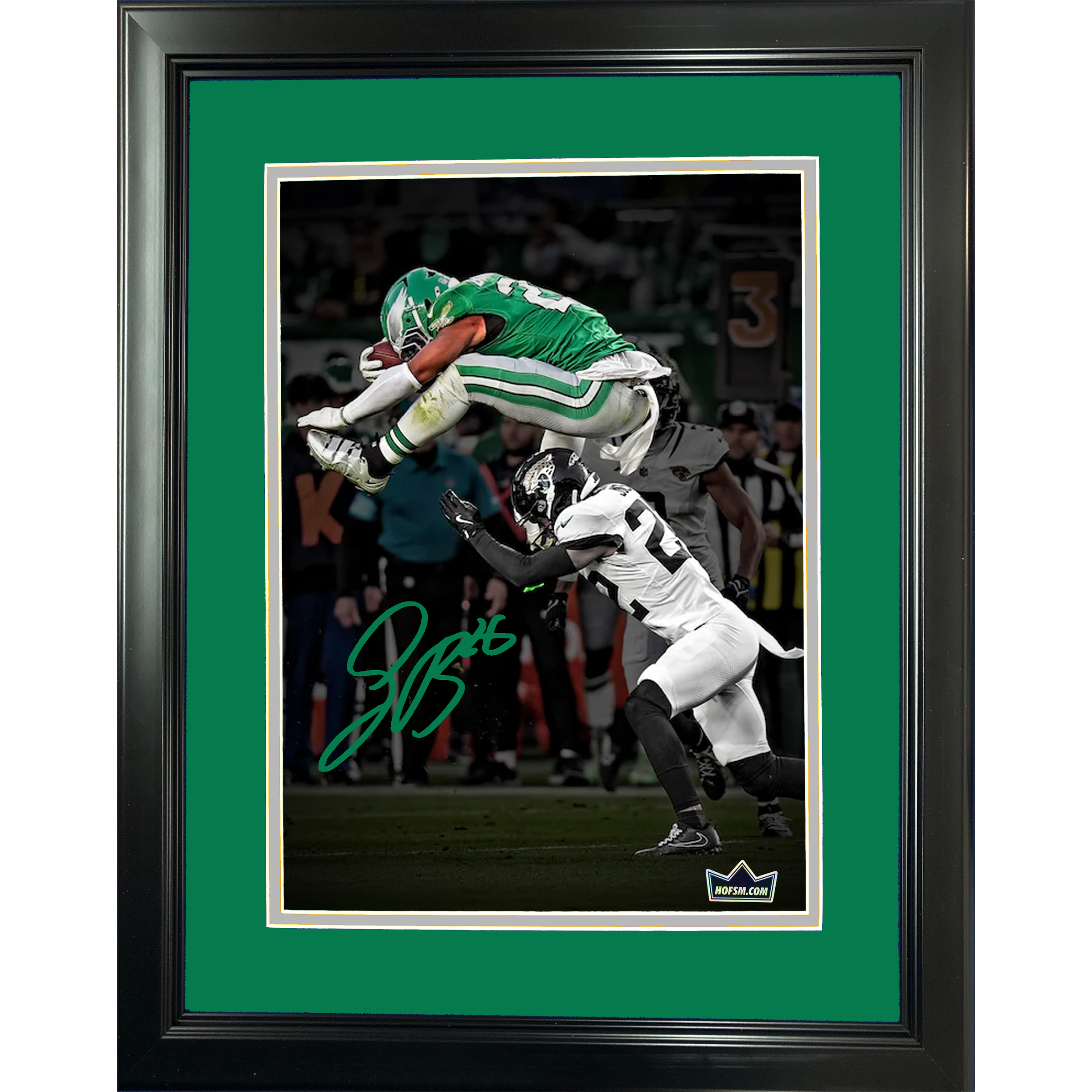 Framed Saquon Barkley Philadelphia Eagles Kelly Green Reverse Hurdle Facsimile Laser Engraved Signature Auto 11"x14" Football Photo HOFSM Holo
