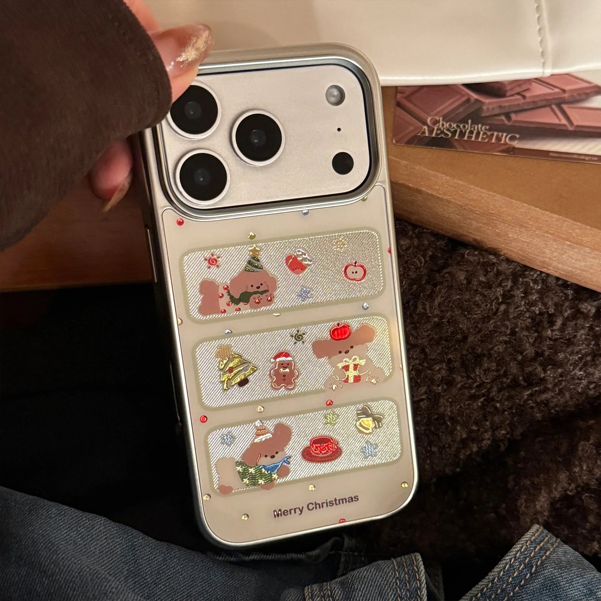 Korean Christmas Style Cartoon Puppy Silver Edge Plating Phone Case For iPhone