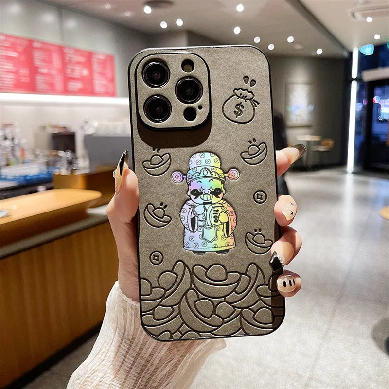 Luxury God of Wealth Laser Leather Texture Phone Case For iPhone