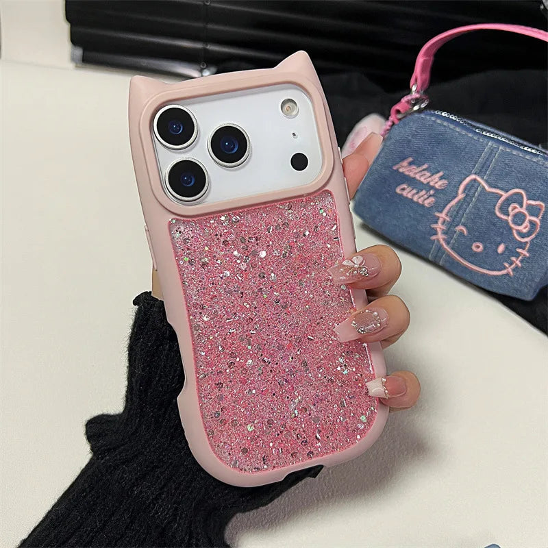 Cute 3D Cat Ear Solid Color Drop Glue Glitter Sequins Phone Case For iPhone
