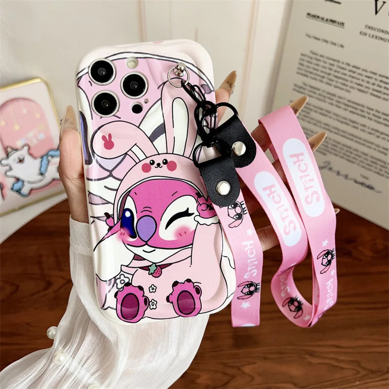 Cute Cartoon Stitch Angel With Crossbody Lanyard Pendant Wave Phone Case For iPhone