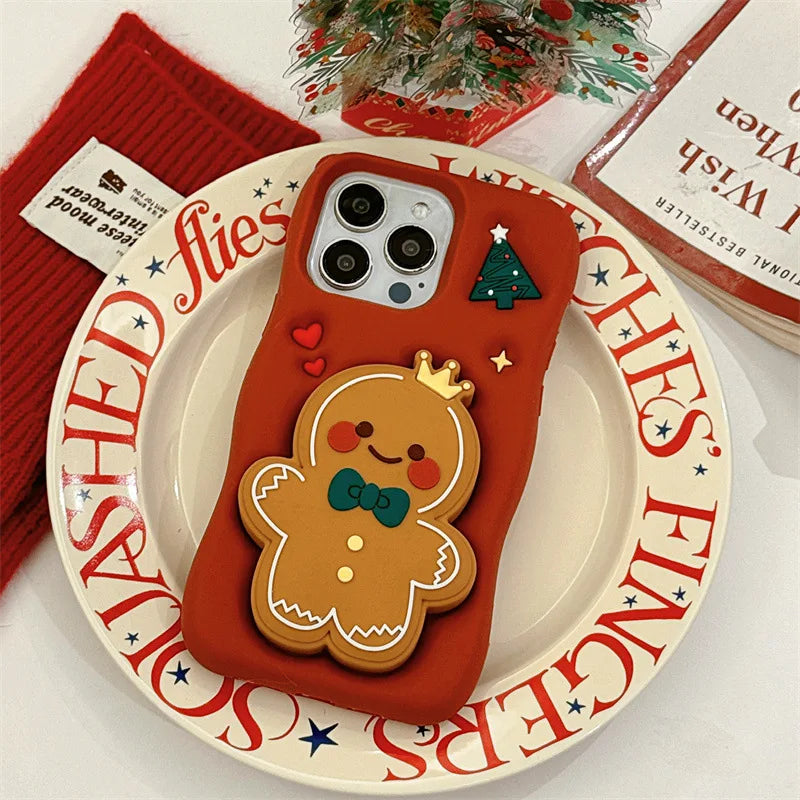Cute Cartoon Christmas Gingerbread Silicone Telescopic Bracket Phone Case For iPhone