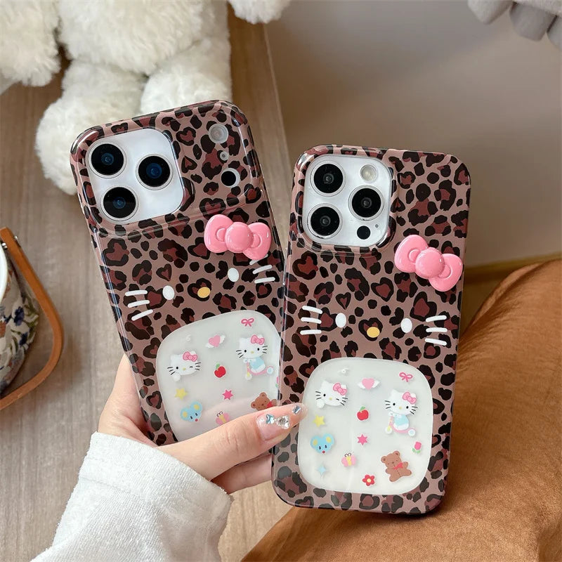 Fashion Leopard Print Cute Hollow Hellokitty Phone Case For iPhone