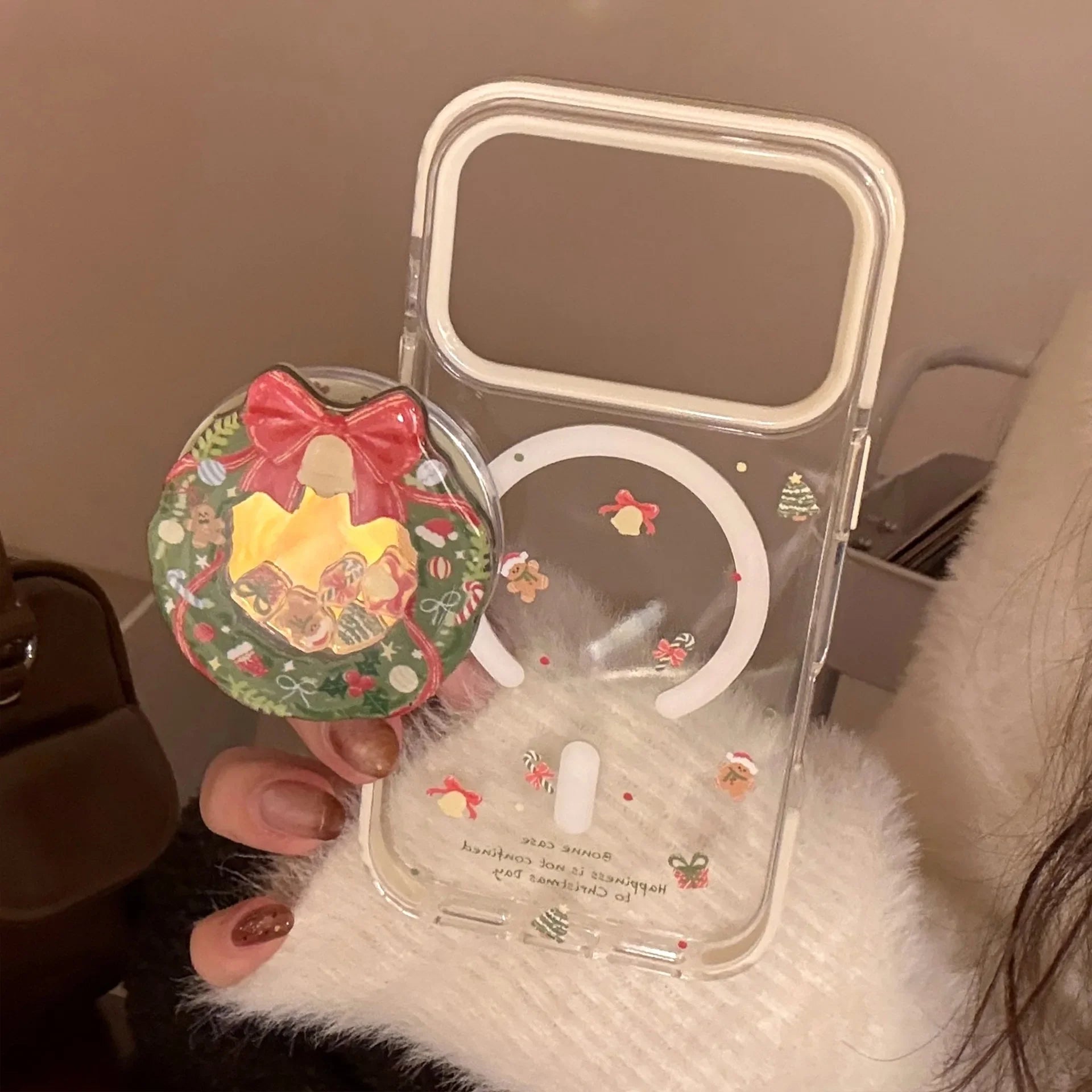 Cute Cartoon Christmas Wreath Quicksand Magnetic Bracket Phone Case For iPhone
