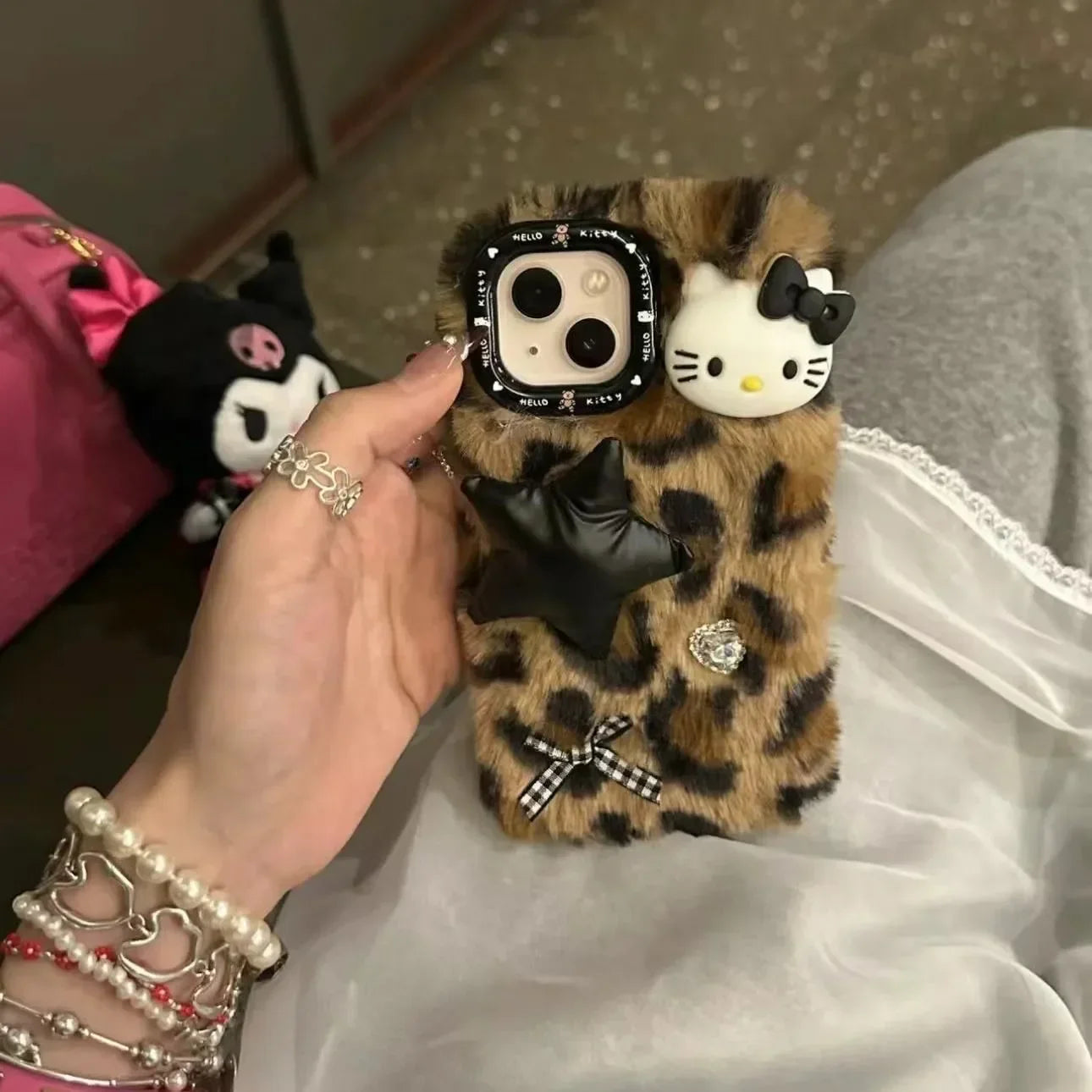 Plush Sanrio Leopard Print Hello Kitty Phone Case For iPhone