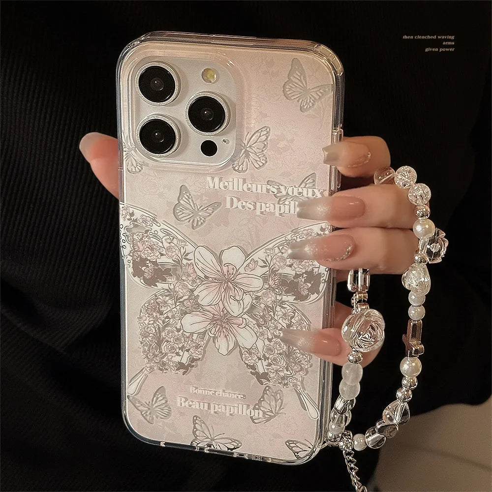 Korean Flowers Butterfly Dual Layer Phone Case With Bracelet Chain For iPhone
