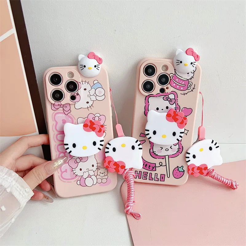 3D Cute Cartoon Hello Kitty Phone Case With Bracket Lanyard For iPhone