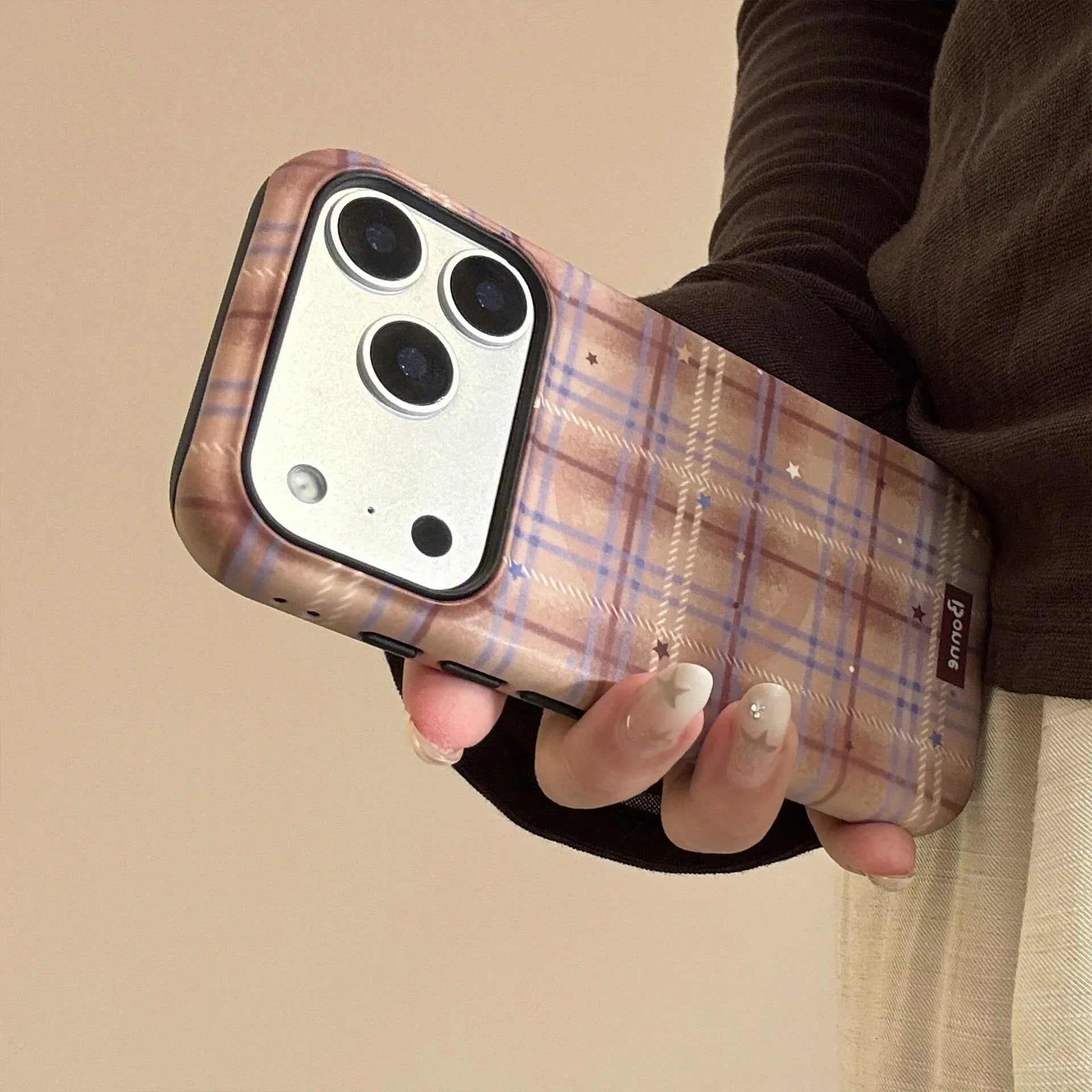 Cute Grid Pattern Cartoon Embroidery Puppy Bracket Magnetic Phone Case For iPhone