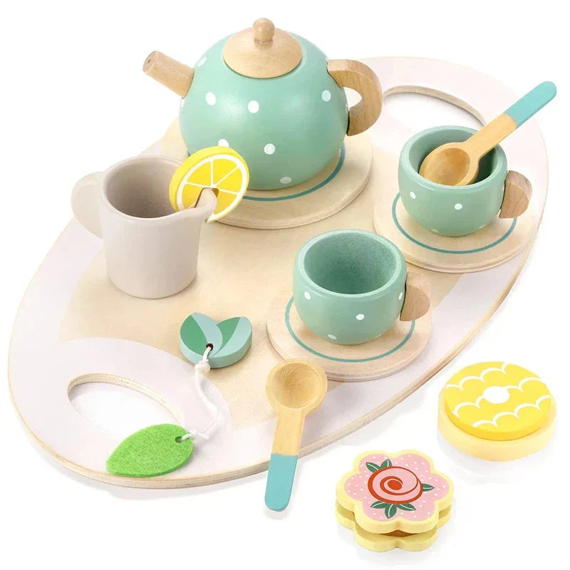 Wooden Kitchen Playset – Pretend Play Tea Set for Girls