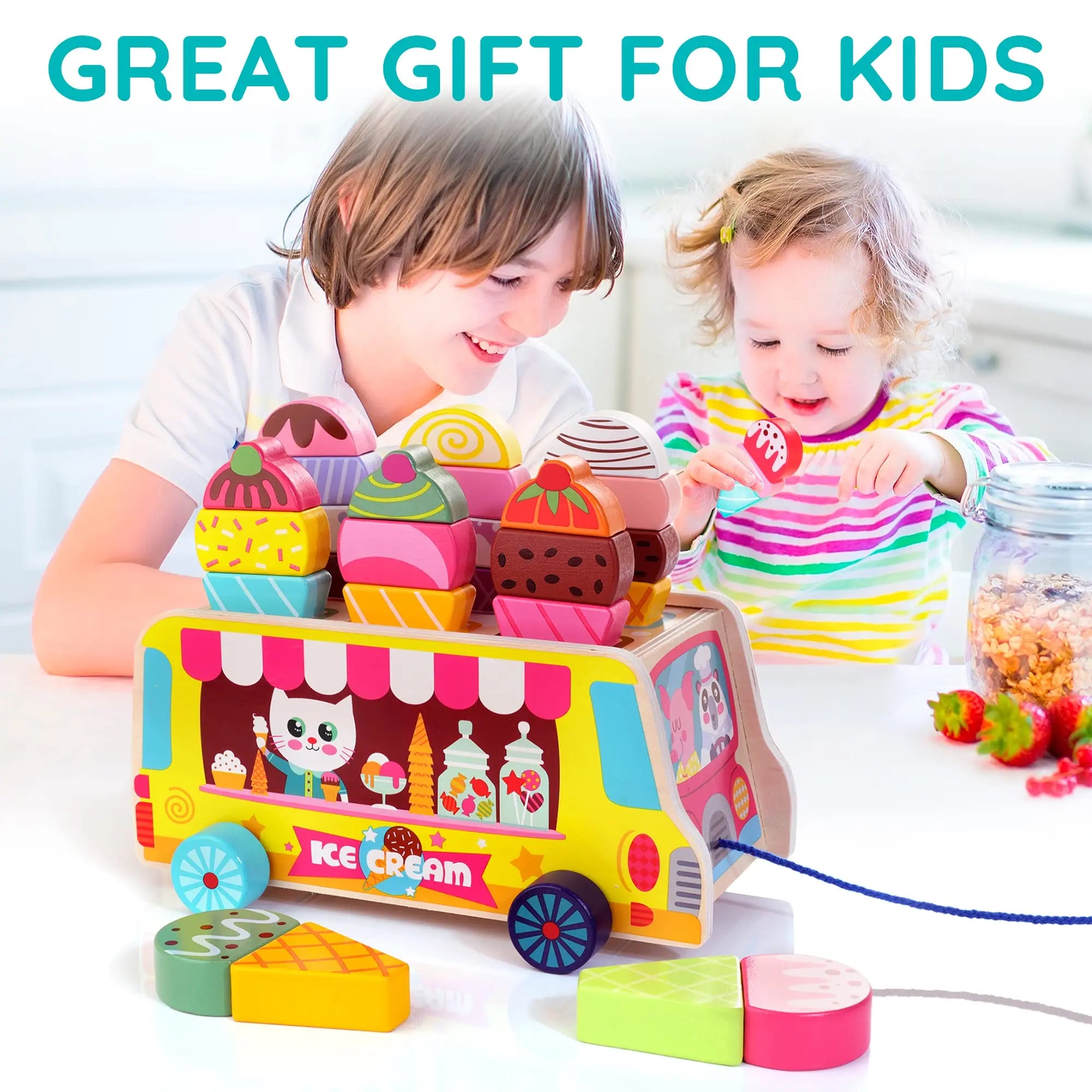 Wooden Ice Cream Truck Toy – Magnetic Pretend Play Food Set