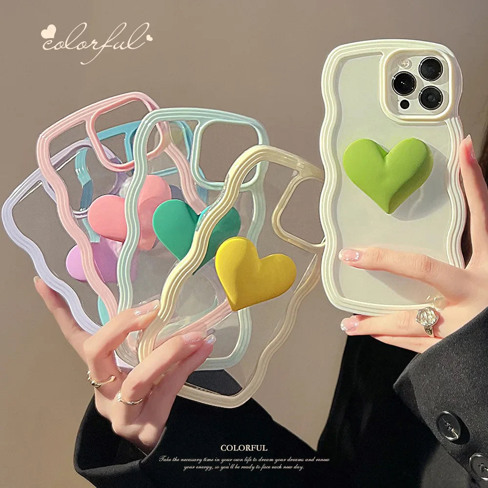 Fashion Transparent Curly Wave 3D Love Heart Phone Case For iPhone