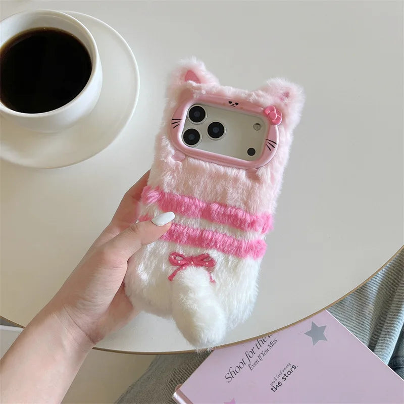 Cute Cartoon Cat Bowknot Warm Furry Fur Plush Phone Case For iPhone