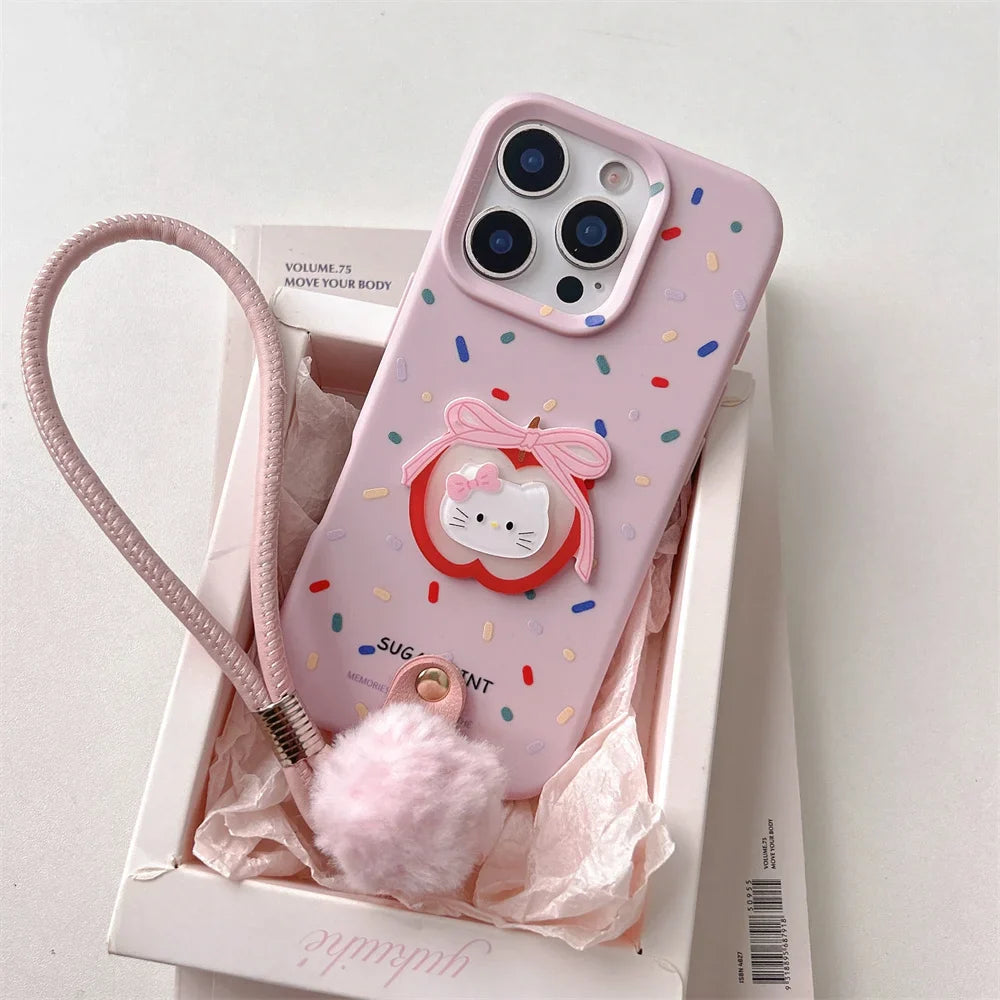 Soft Wrist Strap Apple Hello Kitty Face Colorful Strip Phone Case For iPhone