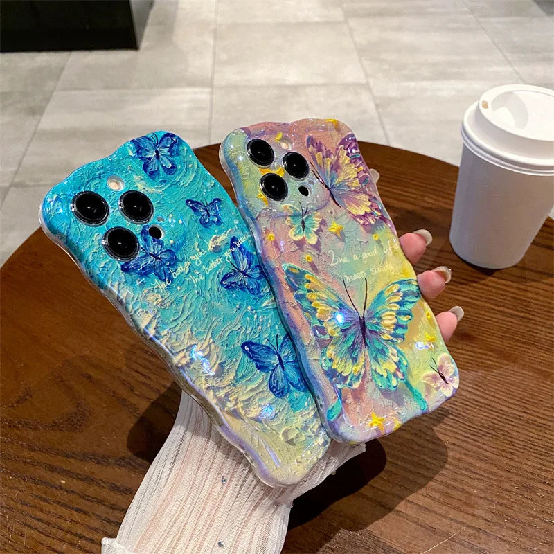 Luxury Retro Oil Painting Butterfly Wavy Border Phone Case For iPhone