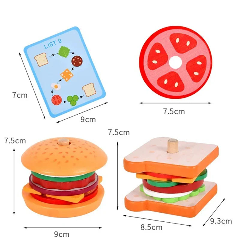 Wooden Burger Stacking Toy – Pretend Play Food Set