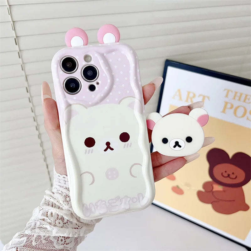 3D Ears Cartoon Bear Holder Rope Couple Phone Case For iPhone