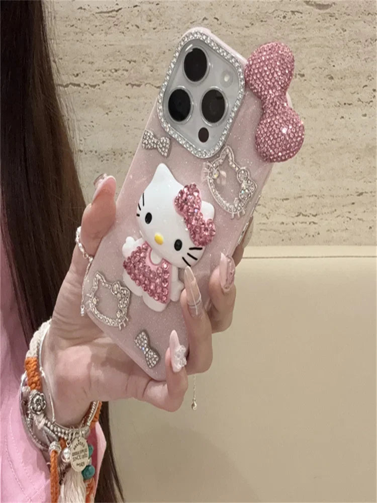 Premium Cute Hello Kittys Full Rhinestones Bow Tie Phone Case For iPhone