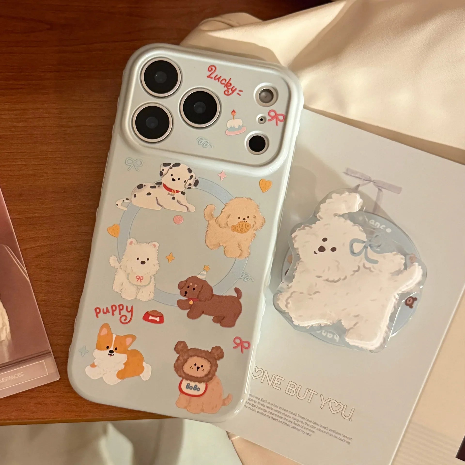 Korean Cute Cartoon Puppy Magnetic Stand Holder Phone Case For iPhone