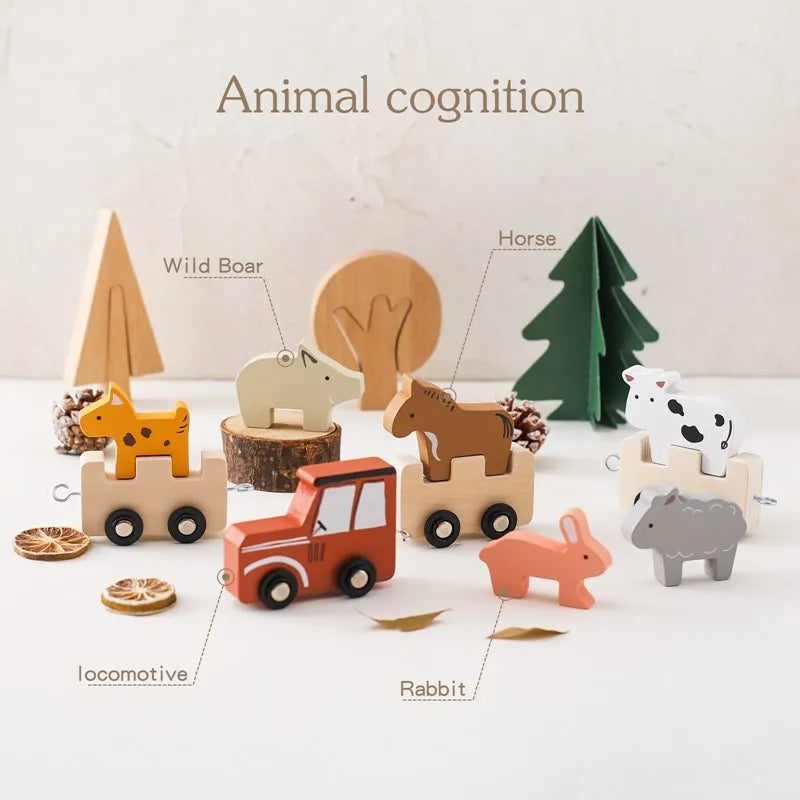 Wooden Train Building Blocks – Farm Animal Stacking Toy for Kids