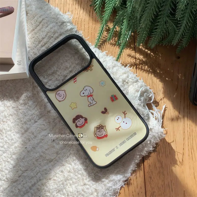 Ins Autumn/Winter Christmas Tree Snoopy Resin Casting Black Frame Phone Case For iPhone