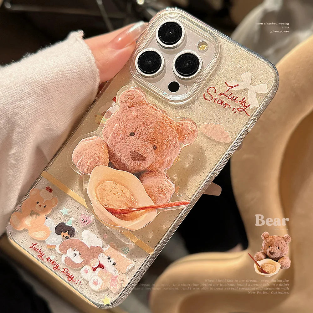 Korean Cute Dessert Bear With Stand Holder Glitter Phone Case For iPhone