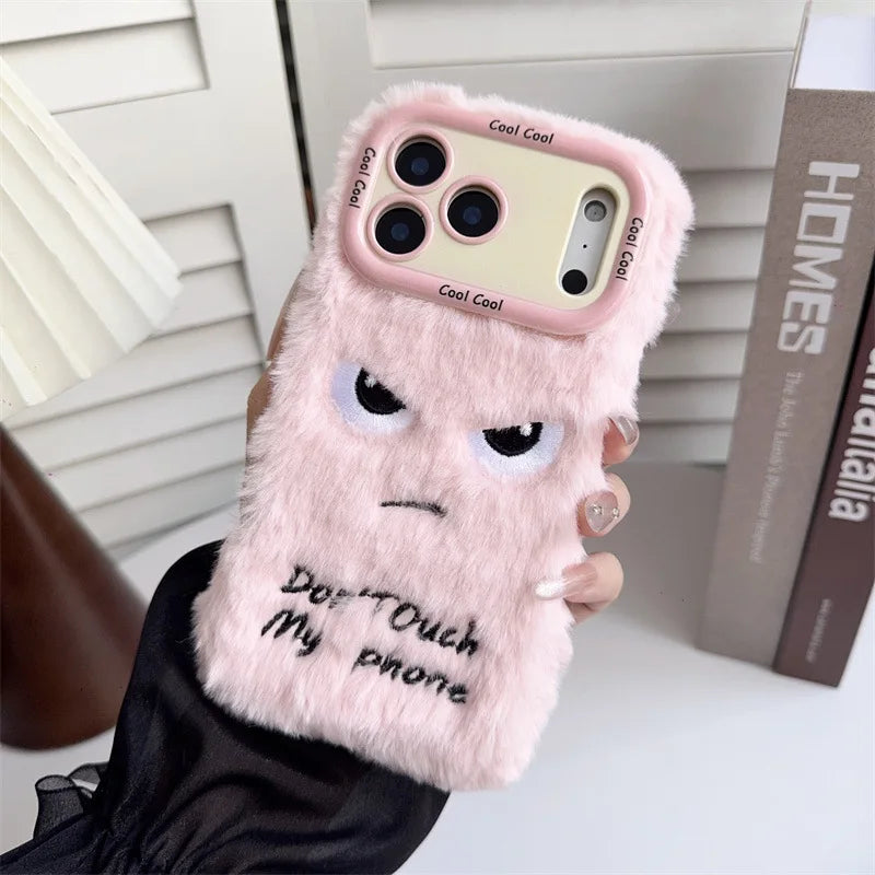 Cartoon Angry Face Expression Fluffy Plush Phone Case For iPhone